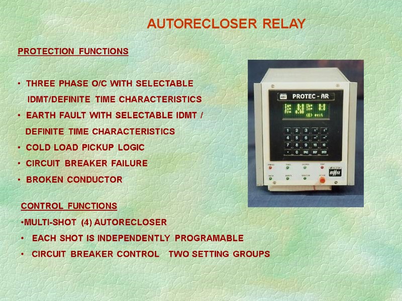 PROTECTION FUNCTIONS     THREE PHASE O/C WITH SELECTABLE   